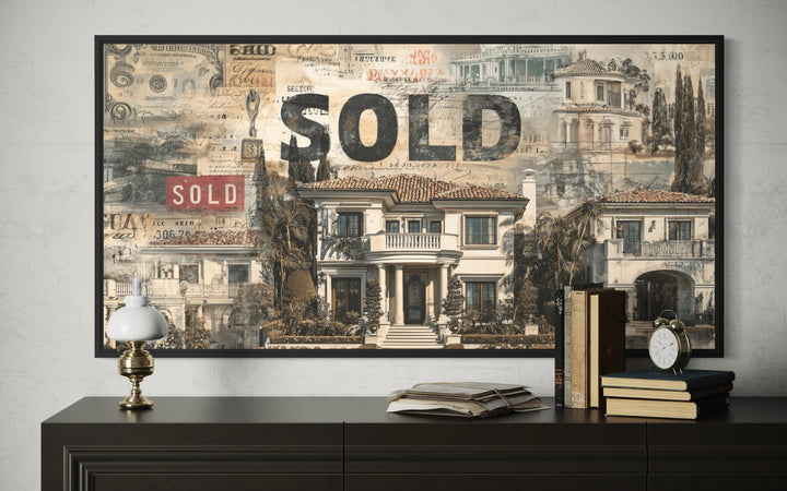 Real estate office wall art featuring a luxury mansion money collage with a bold SOLD stamp.