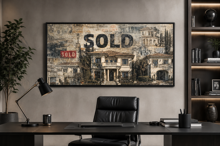 Real estate office wall art featuring a mansion collage with a bold SOLD stamp above a black desk.