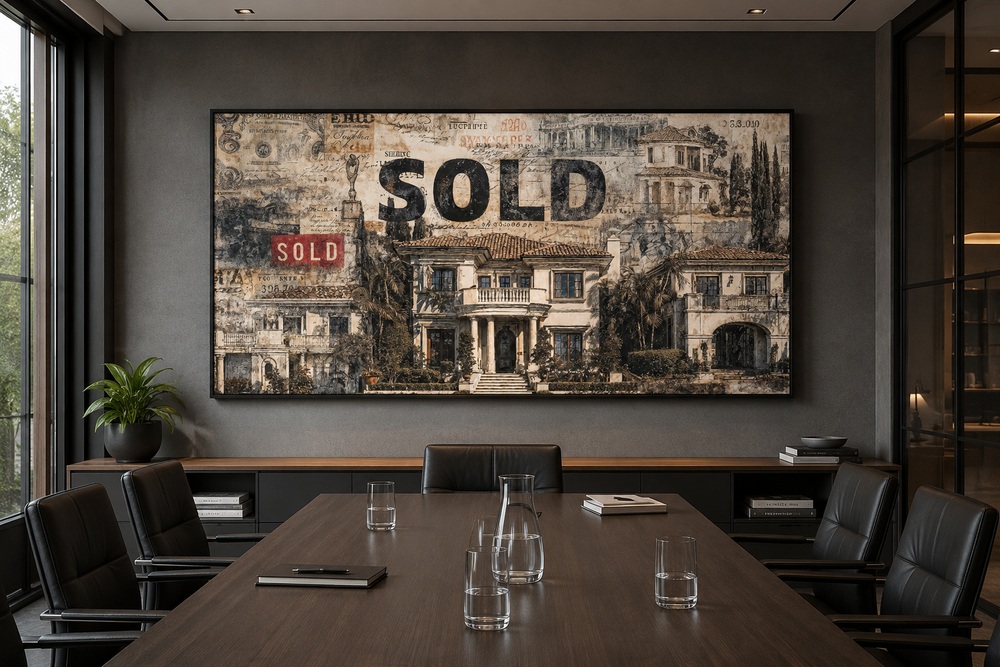 Real estate office wall art featuring a mansion collage with a large 'SOLD' stamp in a boardroom.