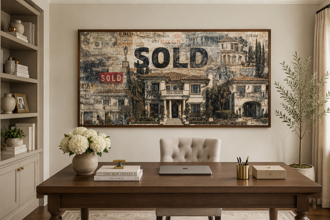 Real estate office wall art featuring a luxury mansion money collage with a bold SOLD stamp.
