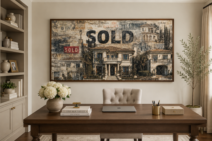 Real estate office wall art featuring a luxury mansion money collage with a bold SOLD stamp.