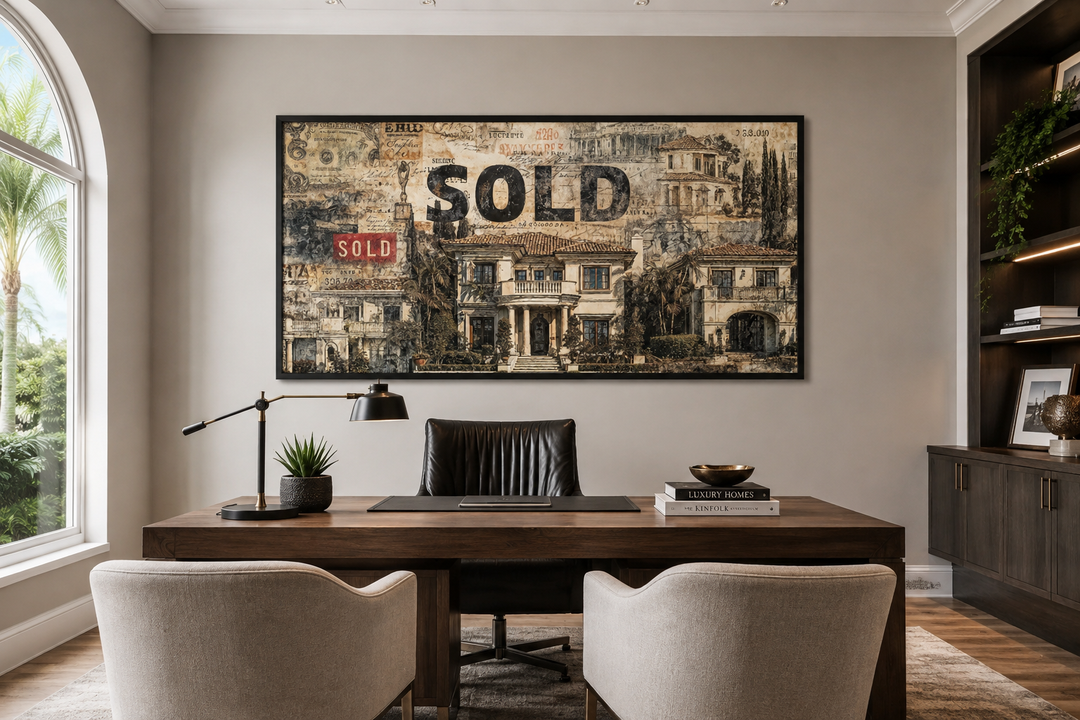 Real estate office wall art featuring a mansion money collage with a bold SOLD stamp above a desk.