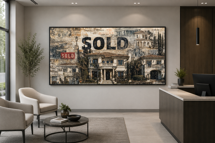 Large horizontal wall art featuring a mansion collage with a bold SOLD stamp in a modern office.