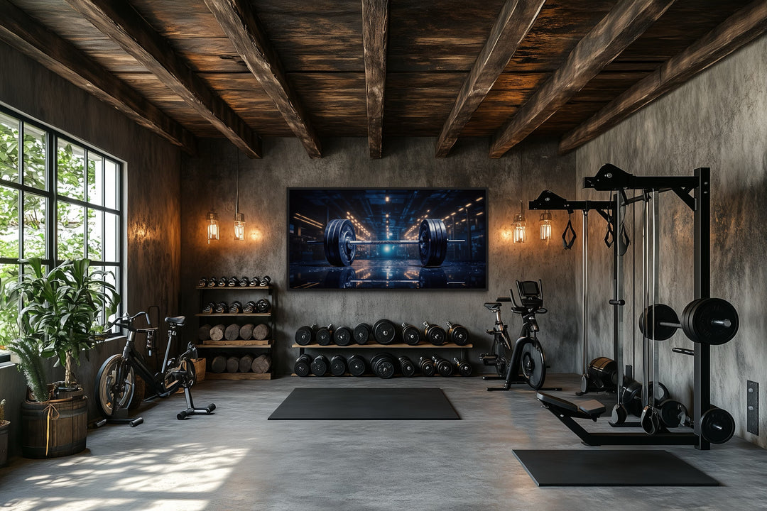 Realistic barbell painting on a framed canvas wall art in a modern industrial home gym.