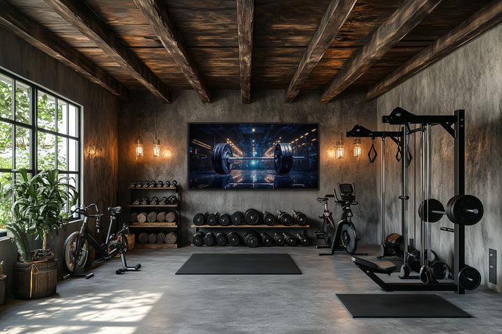 Realistic barbell painting on a framed canvas wall art in a modern industrial home gym.