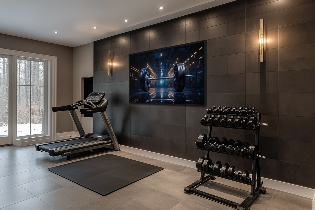 Realistic barbell painting framed canvas wall art displayed in a modern home gym above equipment.