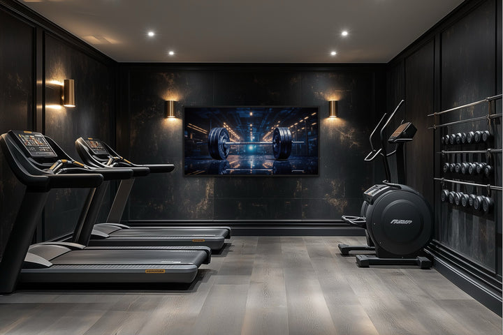 Realistic barbell painting framed canvas wall art displayed in a dark, modern home gym.