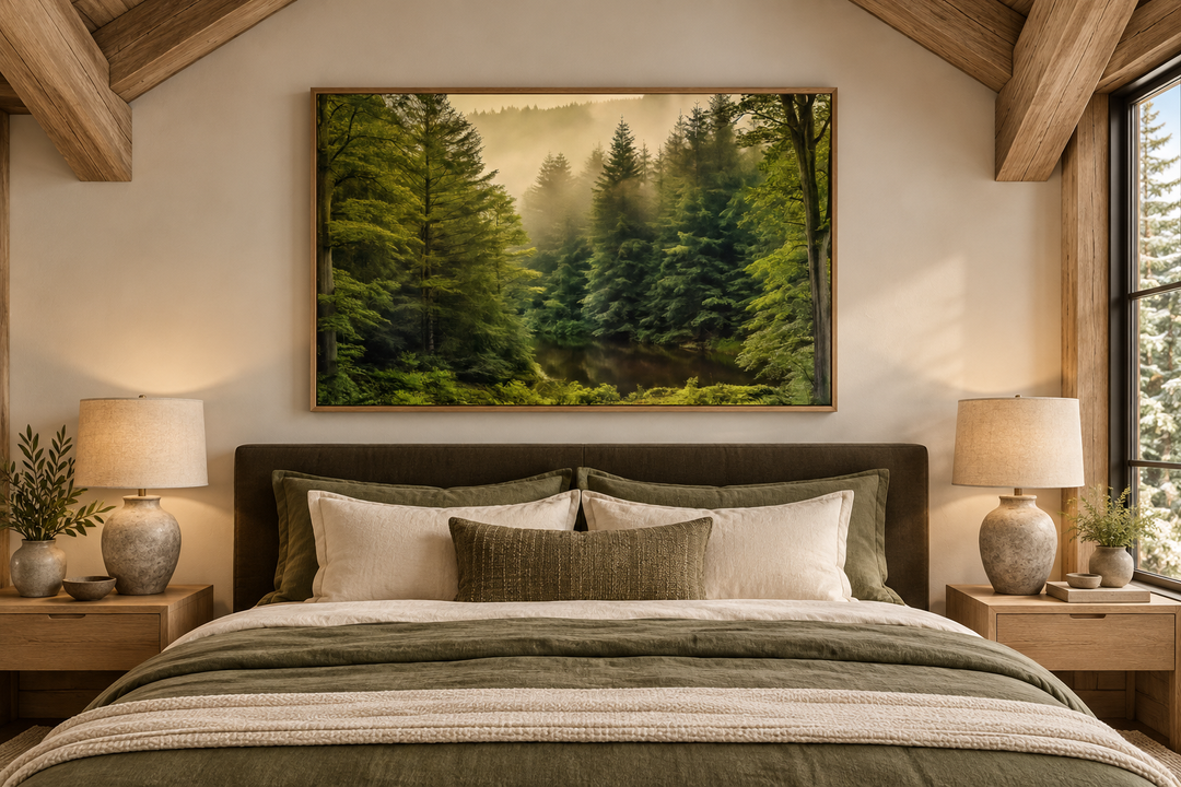 Foggy Fir Tree Forest Nature Landscape Framed Canvas Wall Art hanging above a bed in a rustic room.