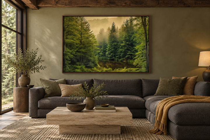 Foggy fir tree forest landscape framed canvas wall art hanging above a sectional sofa in a room.