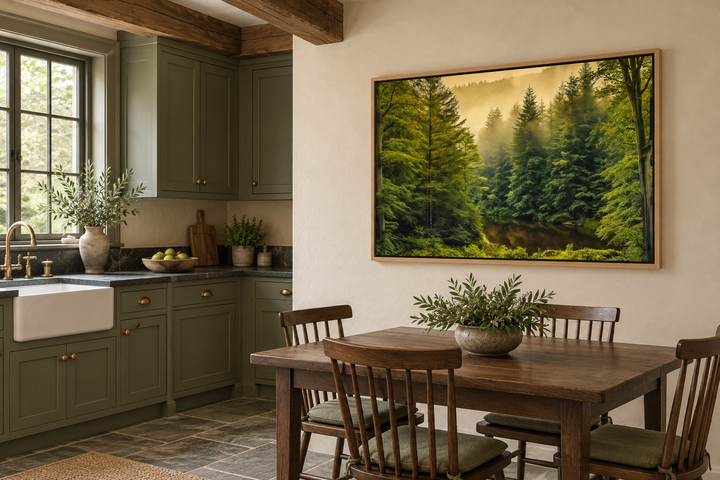 Foggy fir tree forest nature landscape framed canvas wall art in a rustic kitchen dining area.