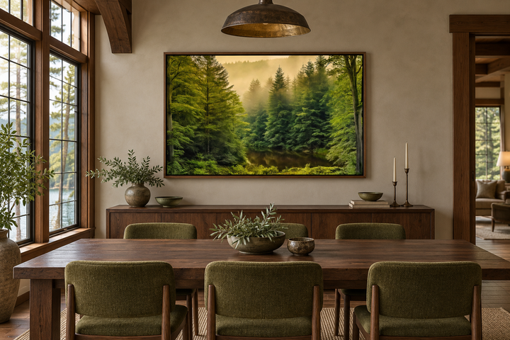 Foggy fir tree forest nature landscape framed canvas wall art in a rustic dining room.