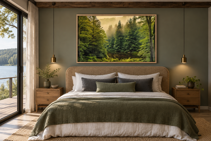 Foggy fir tree forest landscape framed canvas wall art hanging above a bed in a rustic bedroom.