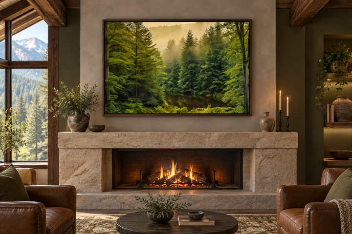 Foggy fir tree forest landscape framed canvas wall art hanging above a stone fireplace.