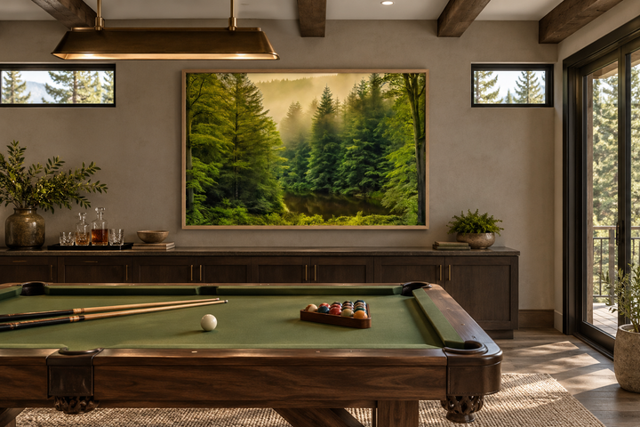 Foggy Fir Tree Forest Nature Landscape Framed Canvas Wall Art hanging in a rustic billiards room.