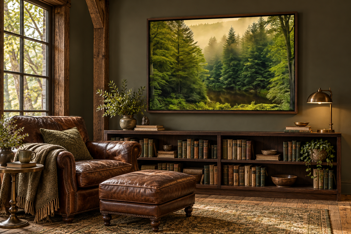 Foggy fir tree forest nature landscape framed canvas wall art in a rustic living room.