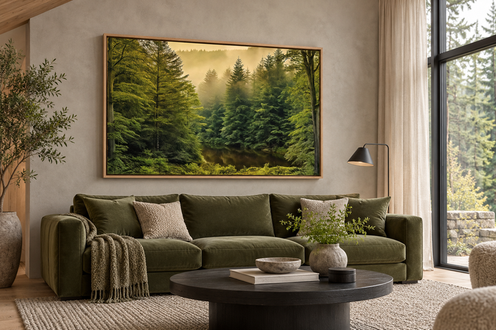 Foggy fir tree forest nature landscape framed canvas wall art above a green sofa in a living room.