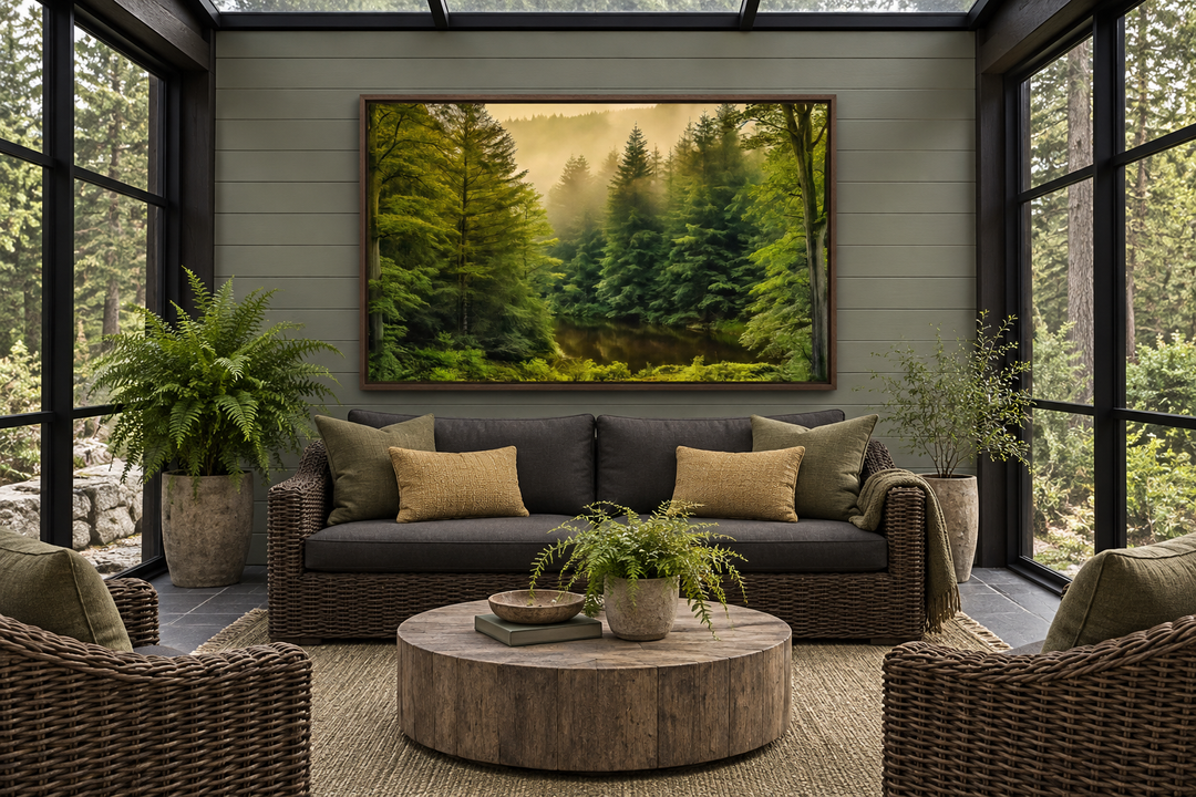 Foggy fir tree forest landscape framed canvas wall art hanging above a sofa in a sunroom.