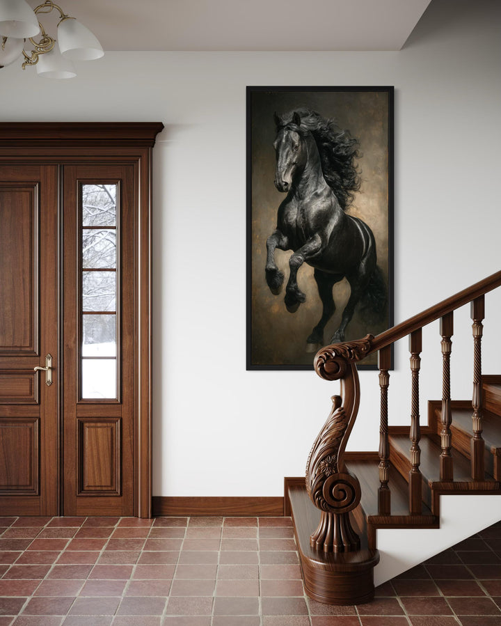 Rearing Black Stallion Framed Canvas Wall Art