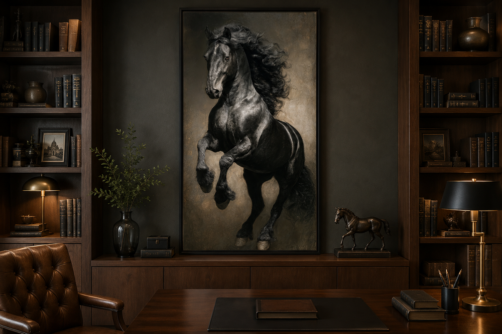 Rearing black stallion framed canvas wall art displayed in a dark wood office library.