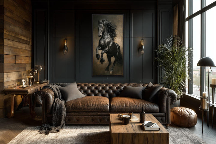 Framed canvas wall art of a rearing black stallion in a dark, masculine office setting.