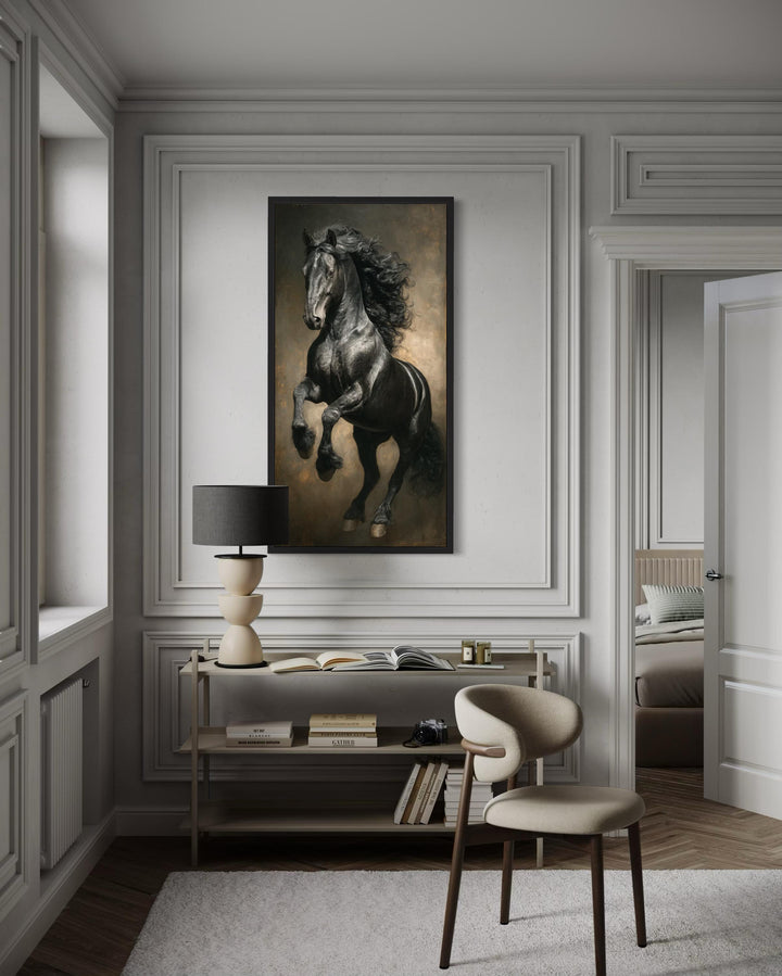 Rearing Black Stallion framed canvas wall art in a classic office setting above a console table.