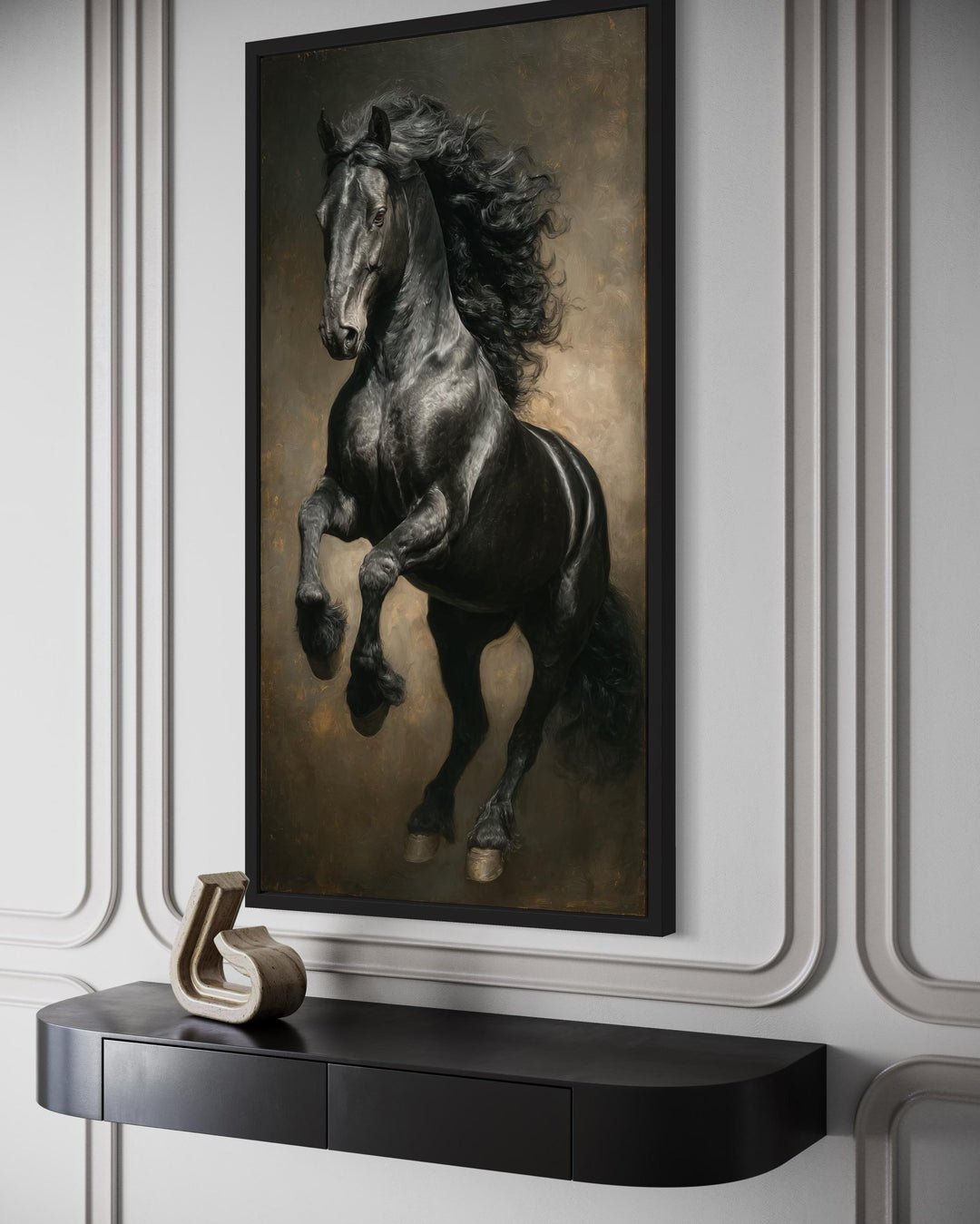 Rearing black stallion framed canvas wall art above a black console table in a modern room.