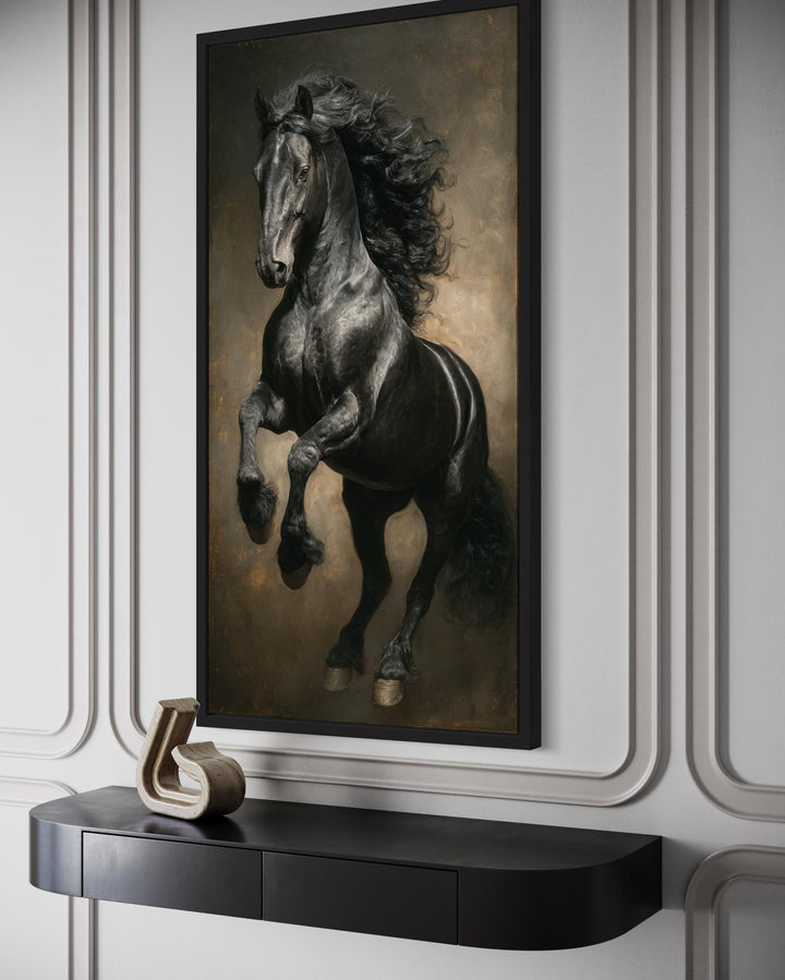 Rearing black stallion framed canvas wall art above a black console table in a modern room.