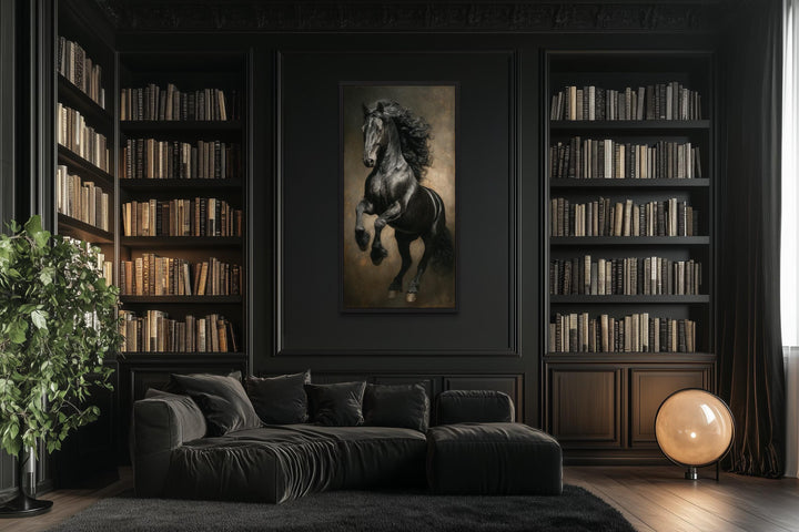 Rearing black stallion framed canvas wall art in a dark library with a black sofa and bookshelves.