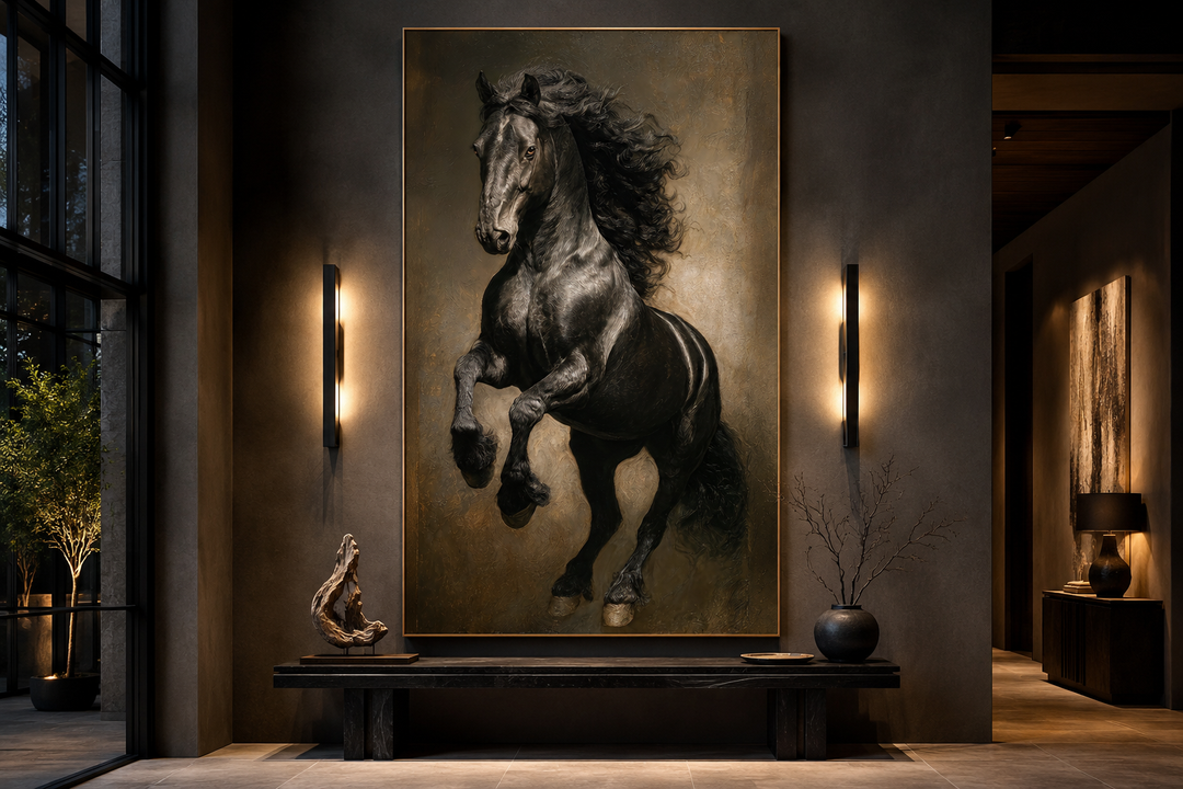 Framed vertical canvas art of a powerful black stallion rearing up in a dark, modern interior.
