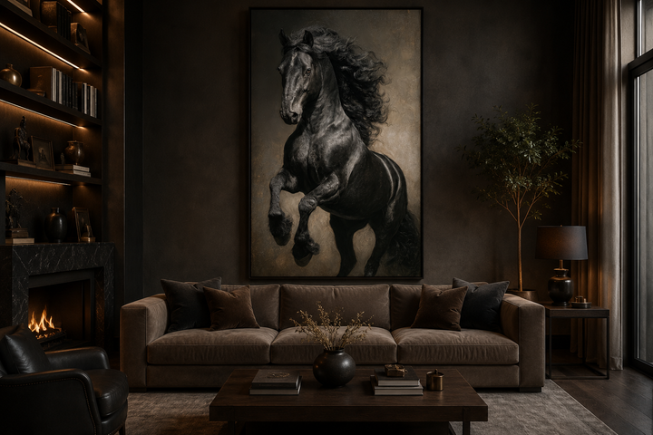 Rearing black stallion framed canvas wall art in a dark, moody office with a fireplace and sofa.