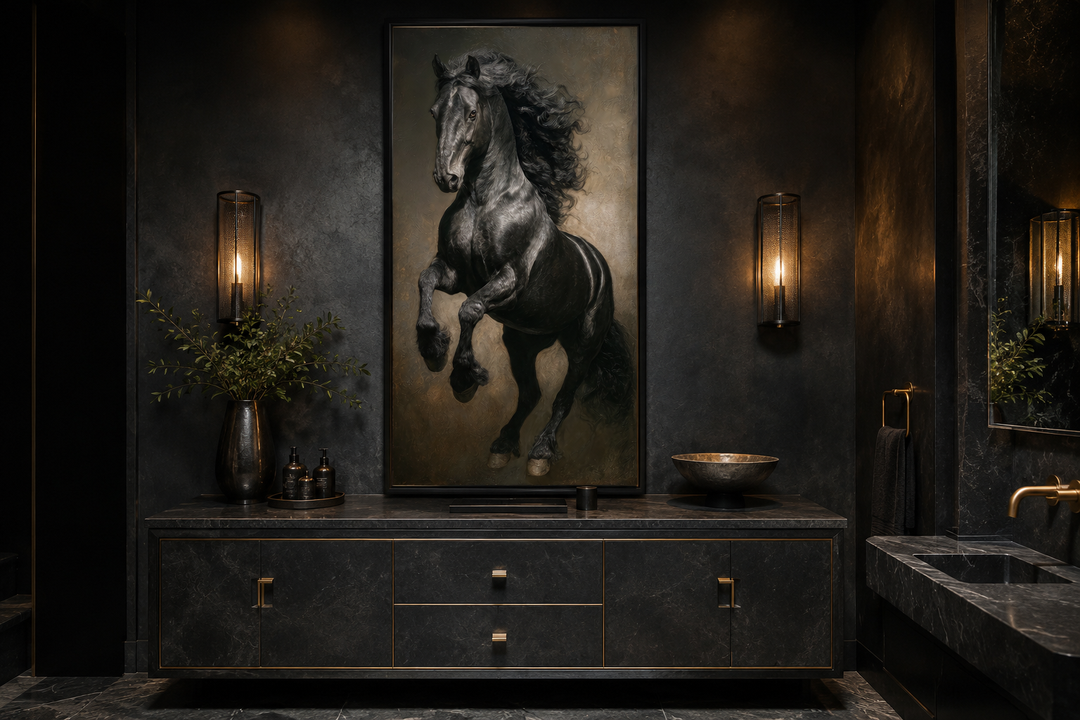 Rearing black stallion framed canvas wall art in a dark, modern bathroom setting.