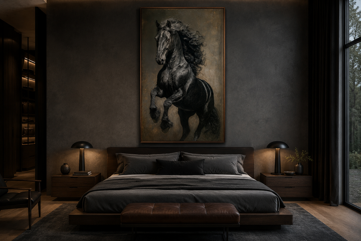 Rearing black stallion framed canvas wall art hanging above a bed in a dark, modern bedroom.
