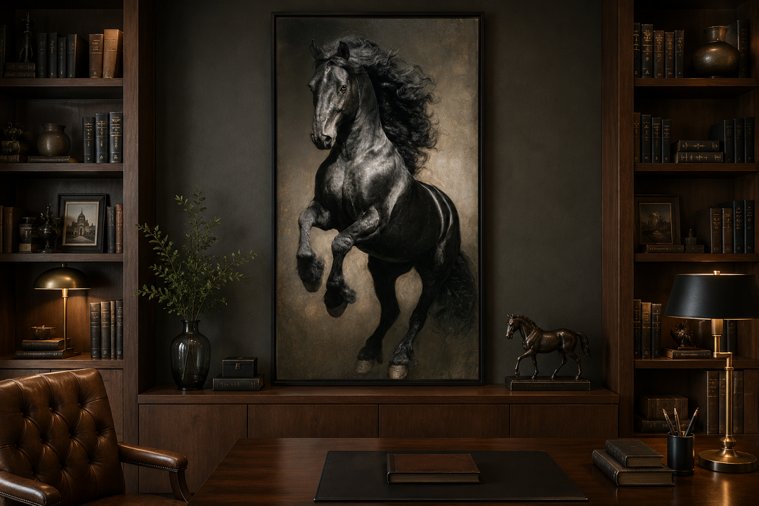 Rearing black stallion framed canvas wall art displayed in a dark wood office library.