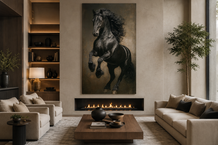 Large vertical framed canvas art of a rearing black stallion above a modern fireplace.