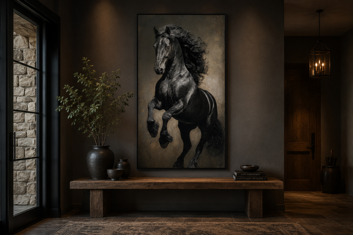 Rearing black stallion framed canvas wall art in a moody, masculine office setting.