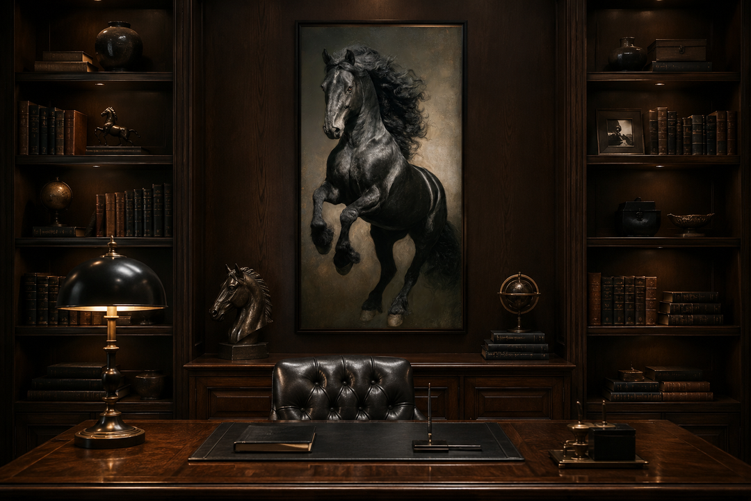 Framed canvas wall art of a rearing black stallion in a dark wood paneled office setting.