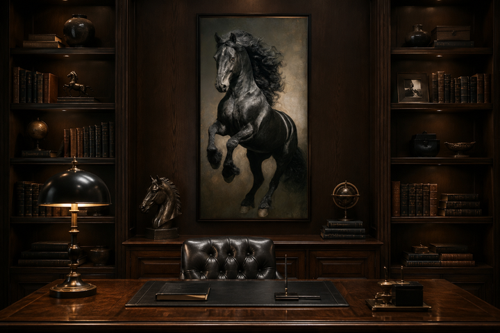 Framed canvas wall art of a rearing black stallion in a dark wood paneled office setting.