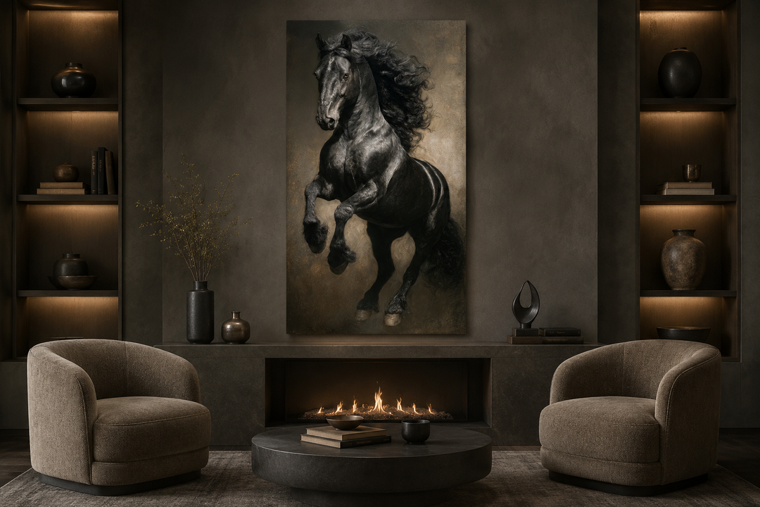 Framed vertical canvas art of a rearing black stallion above a fireplace in a moody living room.