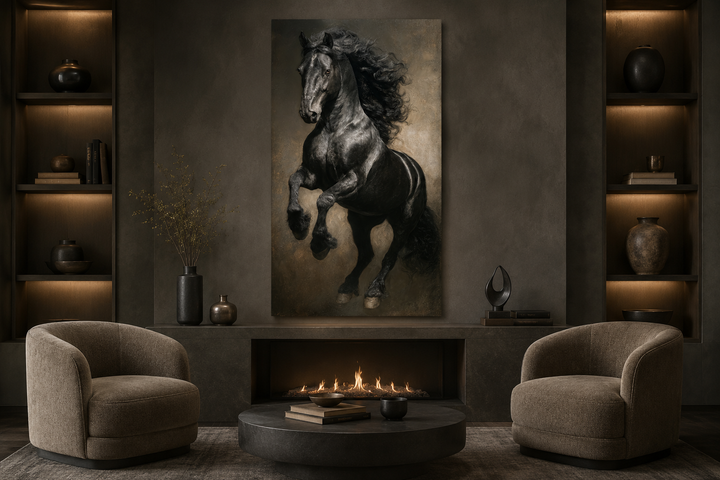 Framed vertical canvas art of a rearing black stallion above a fireplace in a moody living room.