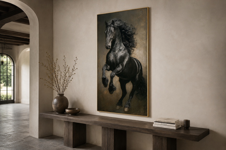 Rearing black stallion framed canvas wall art in a vertical gold frame above a wooden console table.