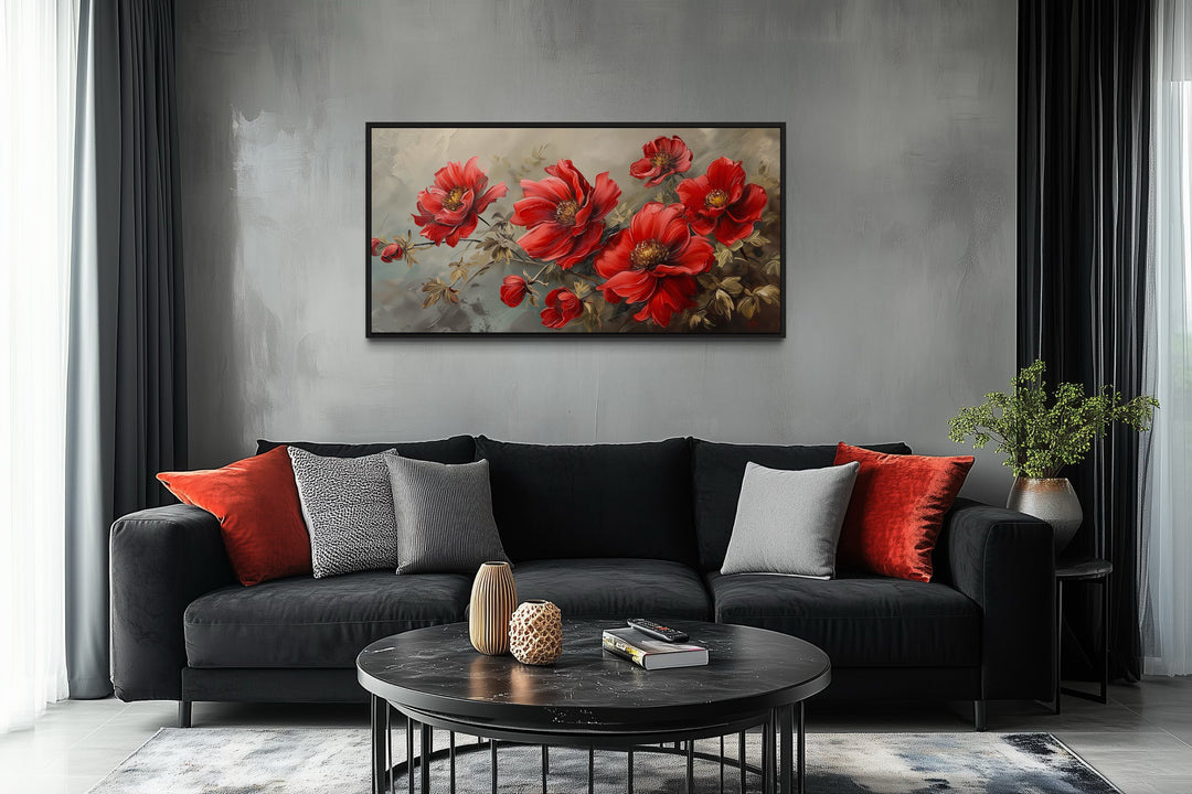 Red Abstract Flowers Framed Canvas Wall Art For Living Room Or Bedroom
