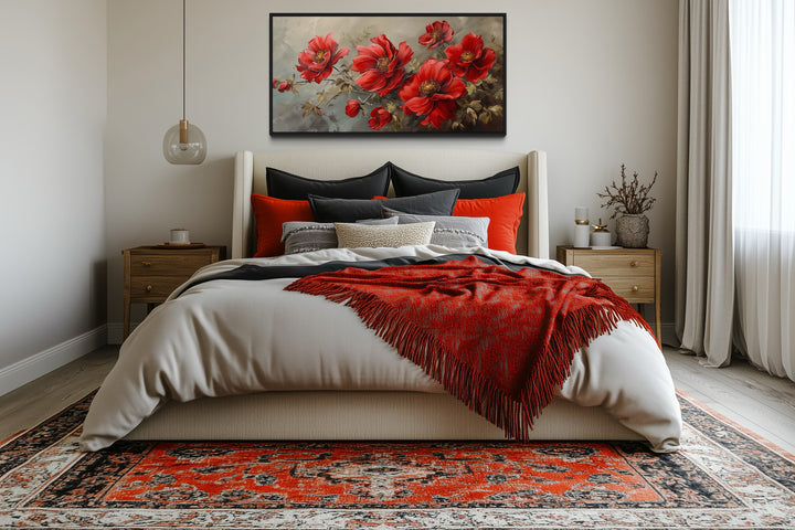 Red Abstract Flowers Framed Canvas Wall Art For Living Room Or Bedroom