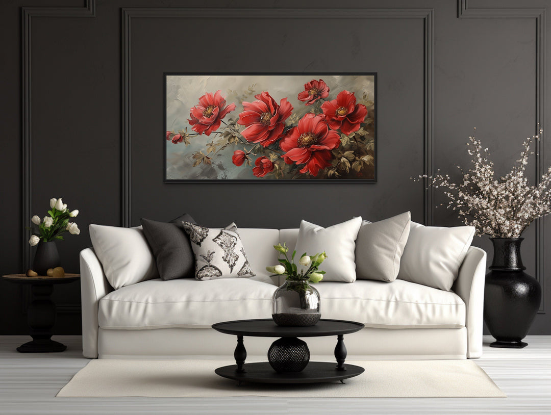 Red Abstract Flowers Framed Canvas Wall Art For Living Room Or Bedroom