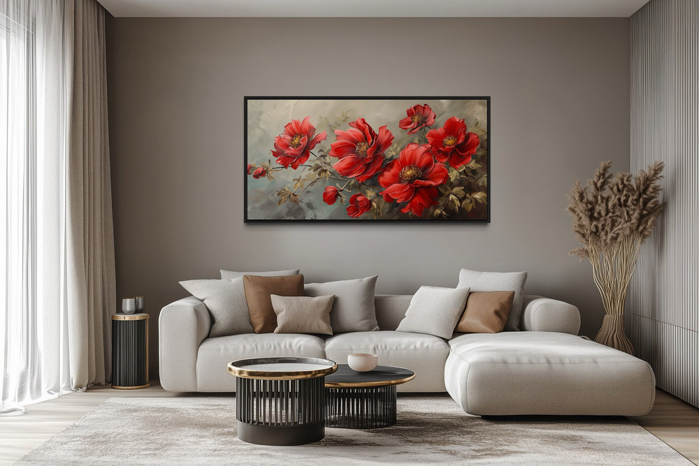 Red Abstract Flowers Framed Canvas Wall Art For Living Room Or Bedroom