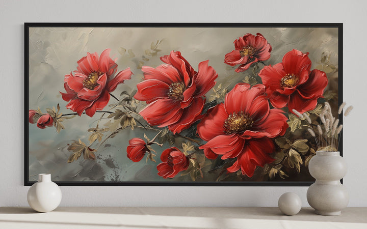 Red Abstract Flowers Framed Canvas Wall Art For Living Room Or Bedroom