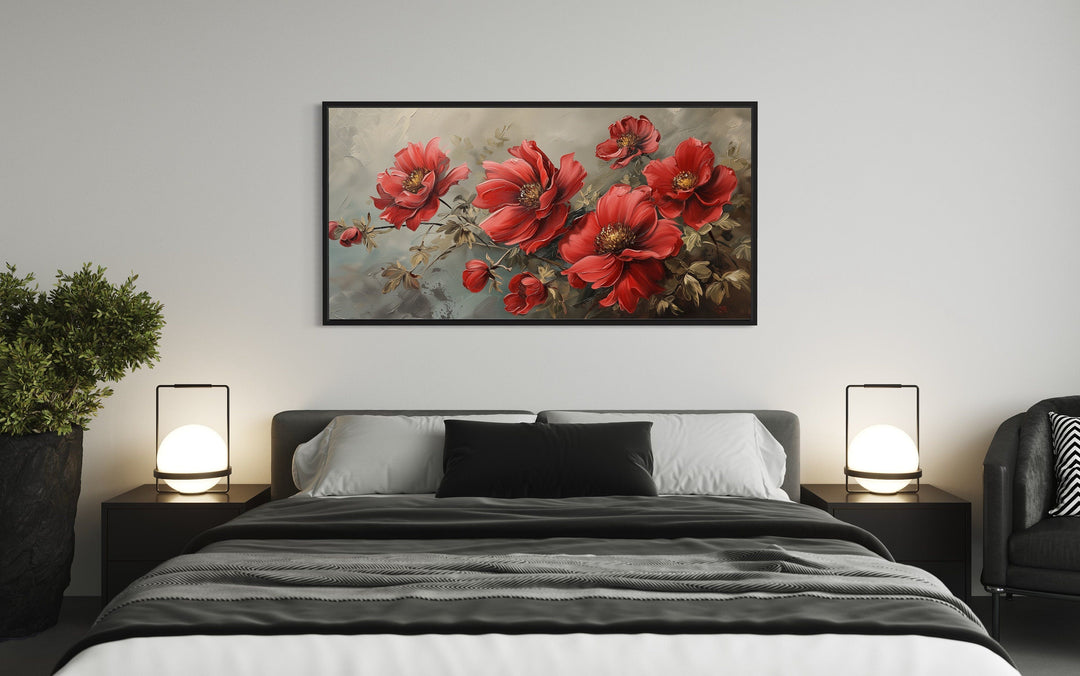 Red Abstract Flowers Framed Canvas Wall Art For Living Room Or Bedroom