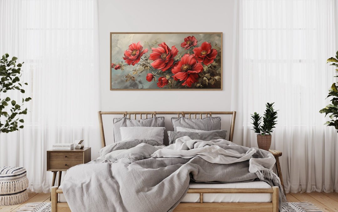 Red Abstract Flowers Framed Canvas Wall Art For Living Room Or Bedroom