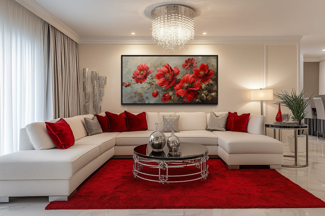 Red Abstract Flowers Framed Canvas Wall Art For Living Room Or Bedroom