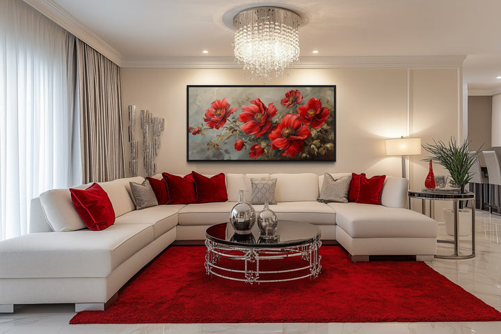 Red Abstract Flowers Framed Canvas Wall Art For Living Room Or Bedroom
