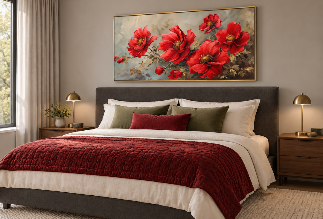 Red abstract flowers framed canvas wall art hanging above a bed in a modern bedroom.